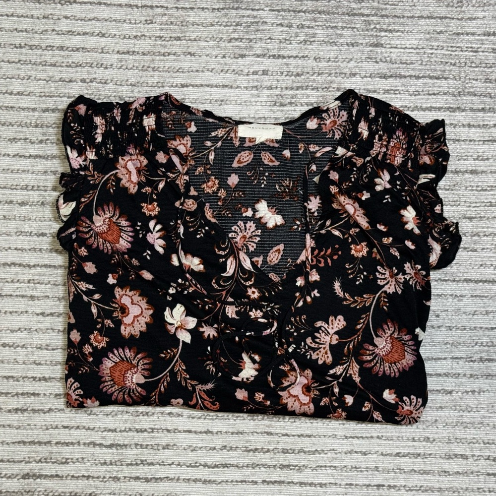 Melloday Black Floral Ruffle Blouse Long Sleeve Size Large Boho - Picture 6 of 6